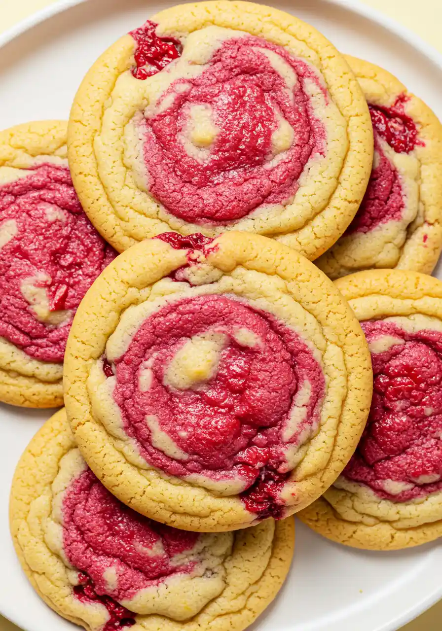 Lemon raspberry cookies placed on a white plate.