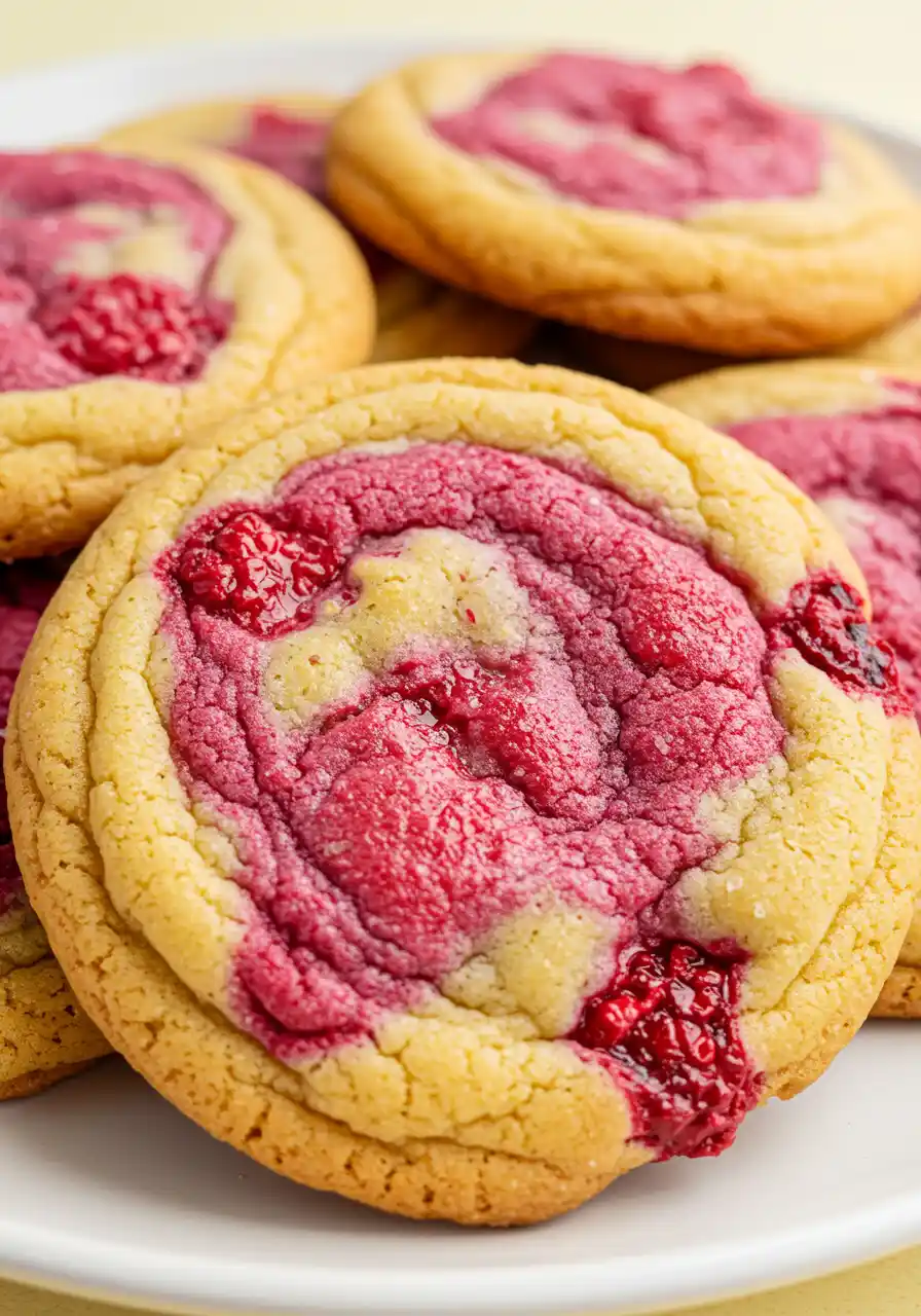 Lemon raspberry cookies placed on a white plate.
