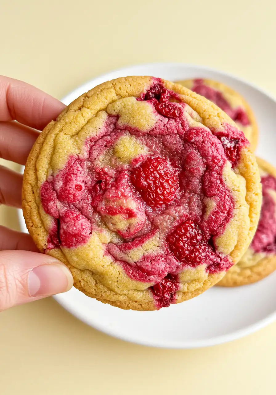 A hand holding one lemon raspberry cookie.