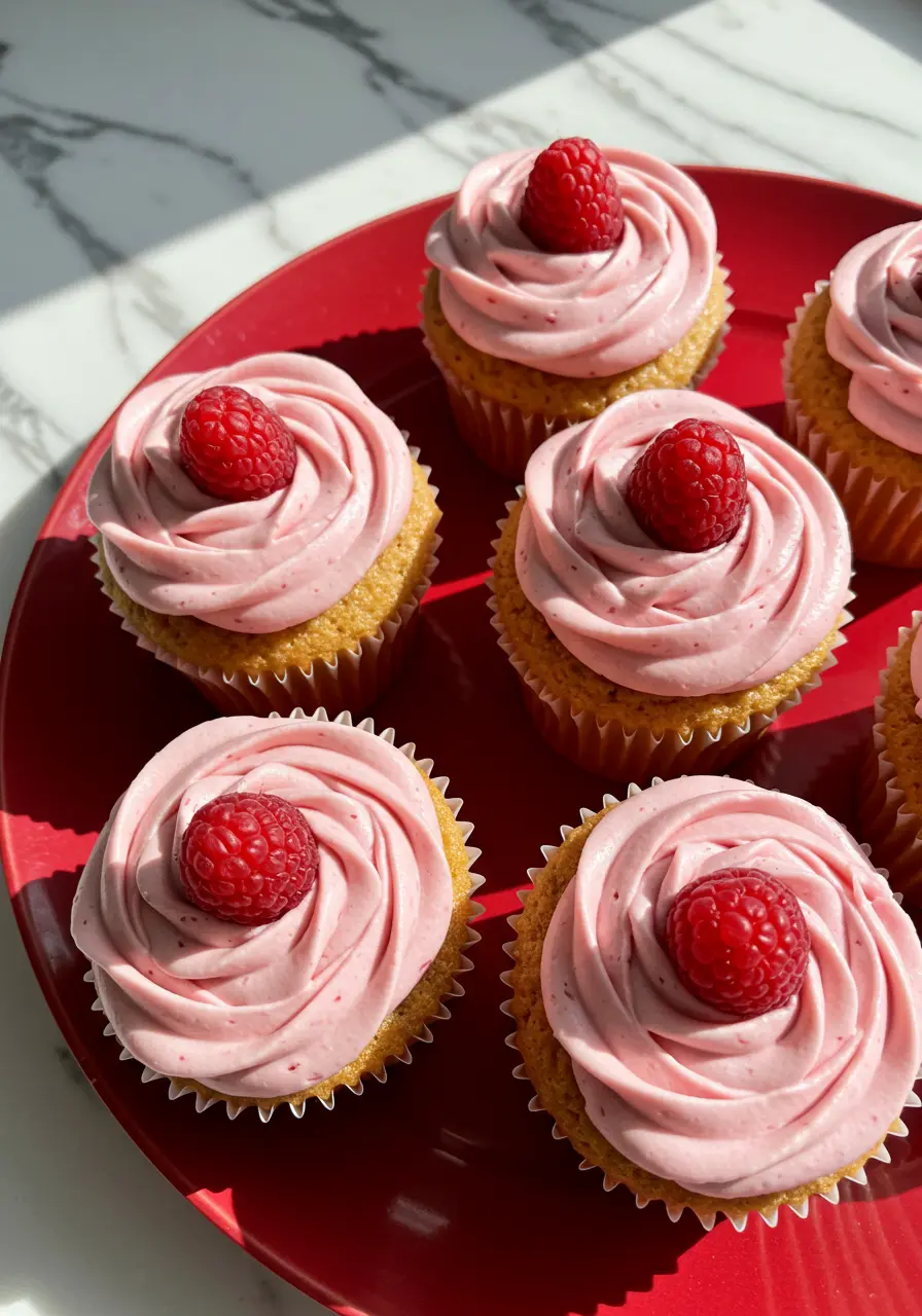 Lemon raspberry cupcakes placed on a red plate.