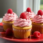 Lemon raspberry cupcakes placed on a red plate agaisnt a white marble surface.