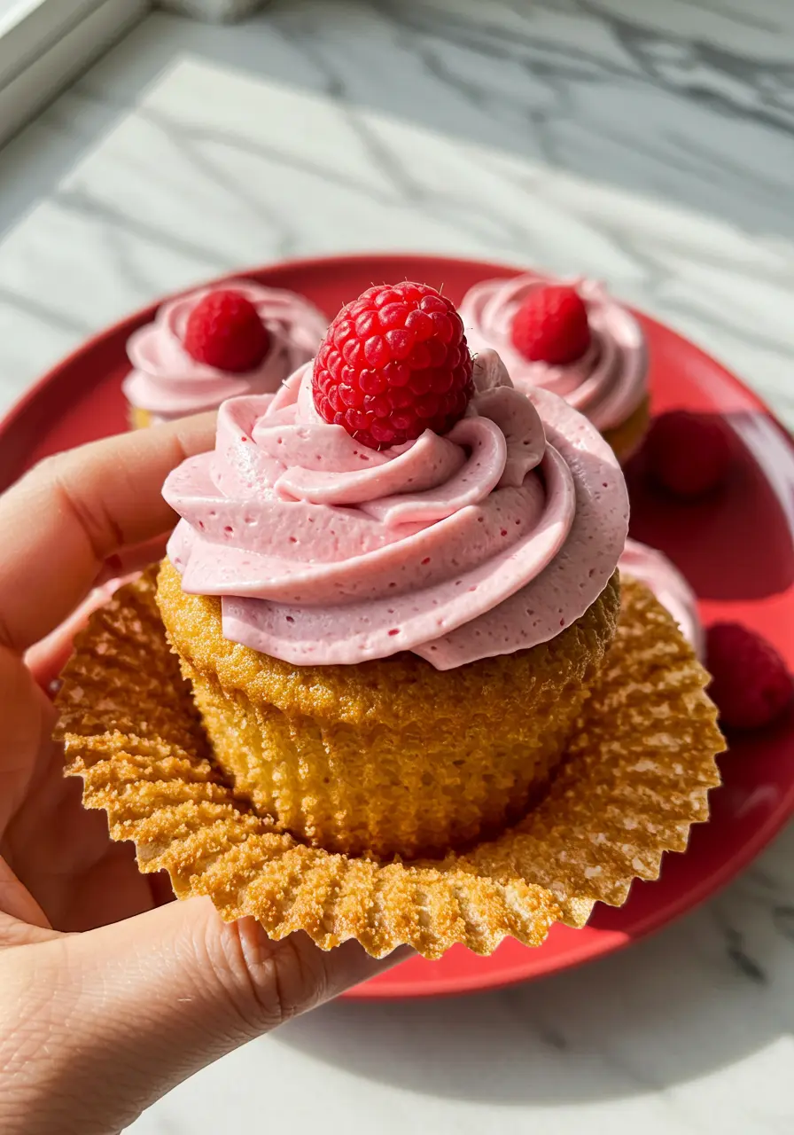 A hand holding one lemon raspberry cupcake.