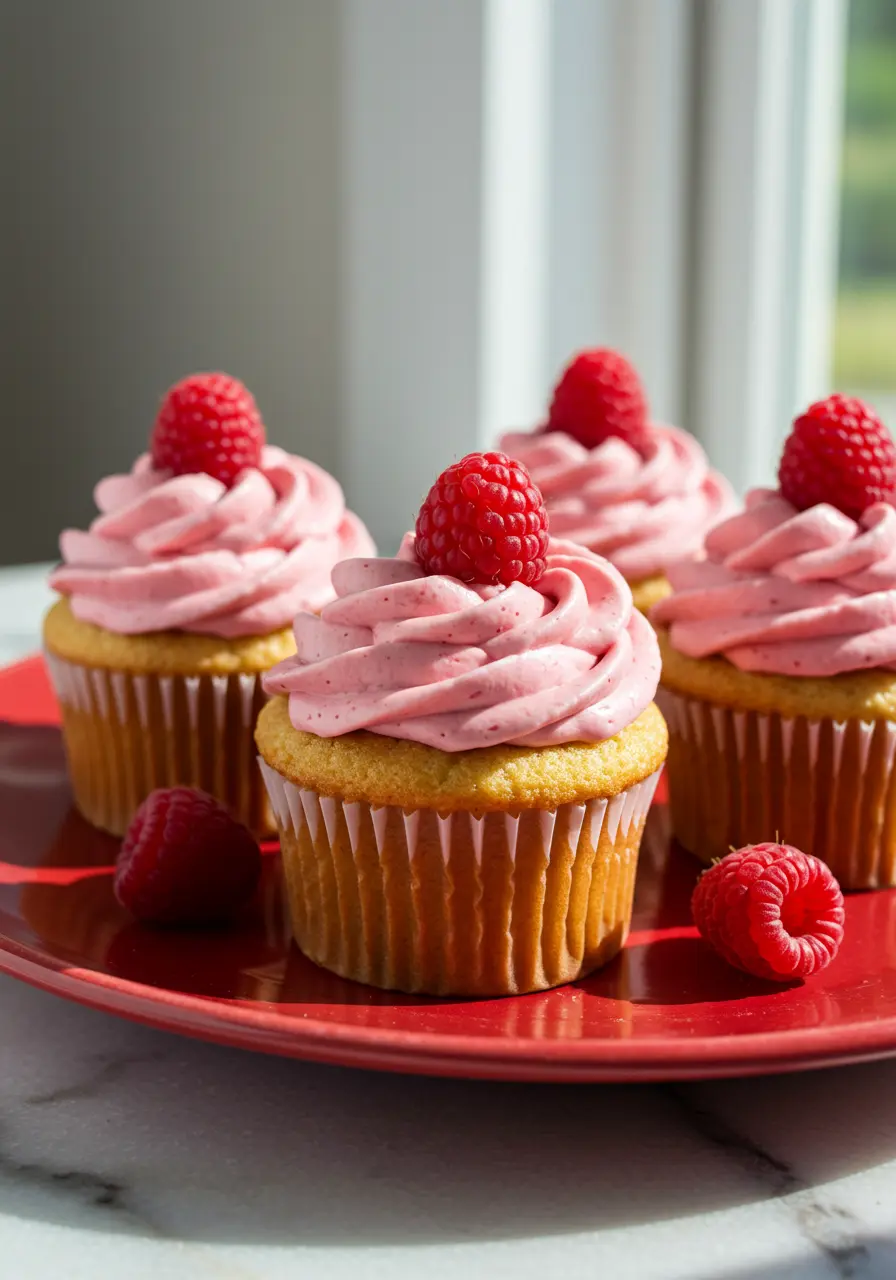 Lemon raspberry cupcakes placed on a red plate agaisnt a white marble surface.