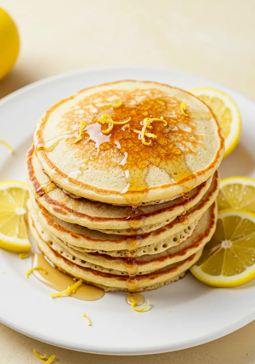 Lemon ricotta pancakes on a white plate against a light-yellow surface.