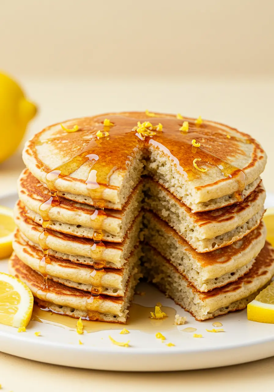 Lemon ricotta pancakes on a white plate against a light-yellow surface with a serving taken out of it.