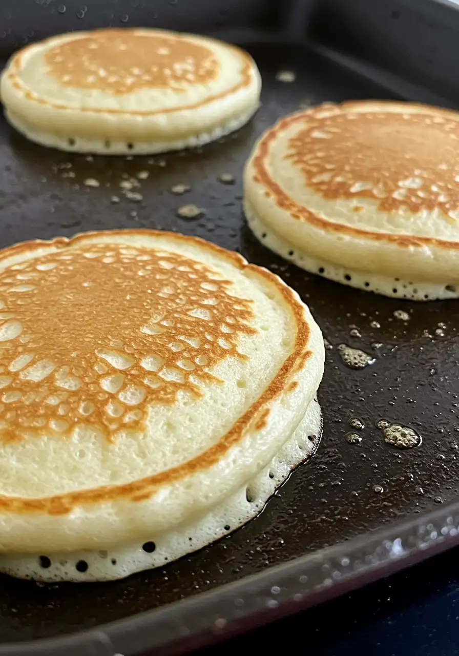 Lemon ricotta pancakes are cooked in the skillet.