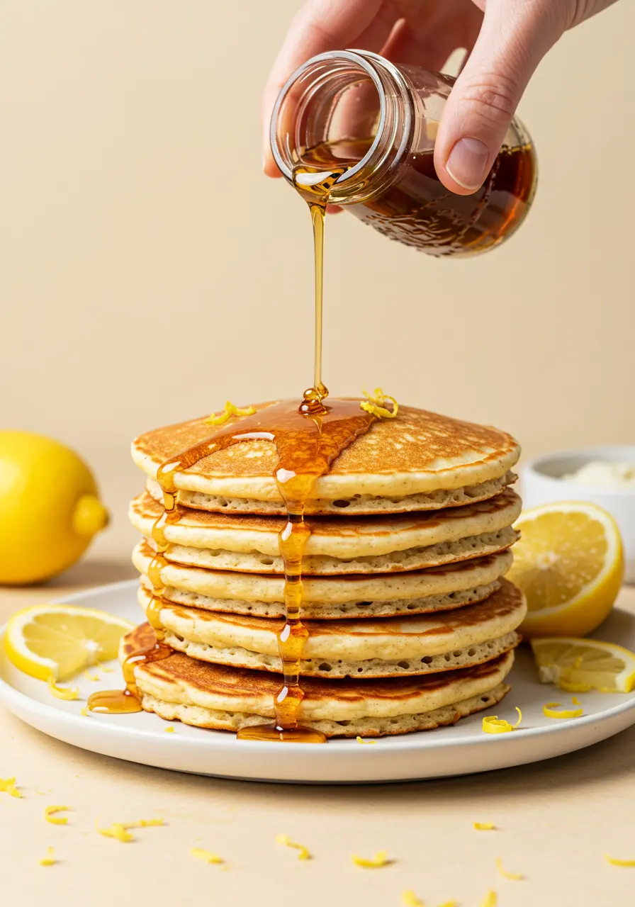 A hand drizzling maple syrup on top of lemon ricotta pancakes.