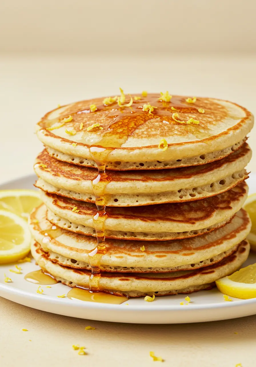 Lemon ricotta pancakes on a white plate drizzled with maple syrup and topped with a tiny lemon zest.