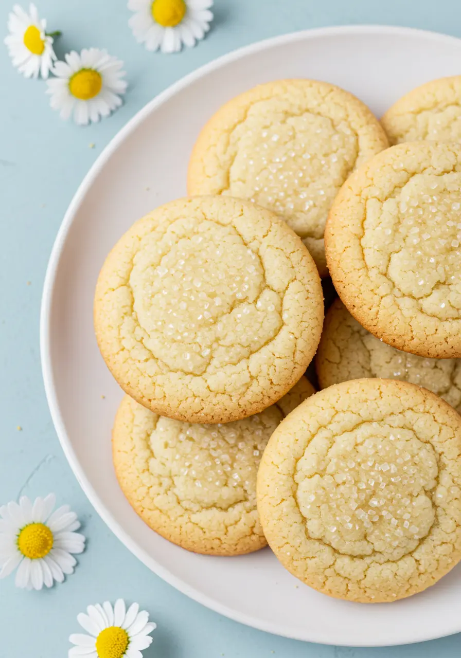 Lemon sugar cookies on a white plate against a light blue surface and some Marguerite's around the plate.
