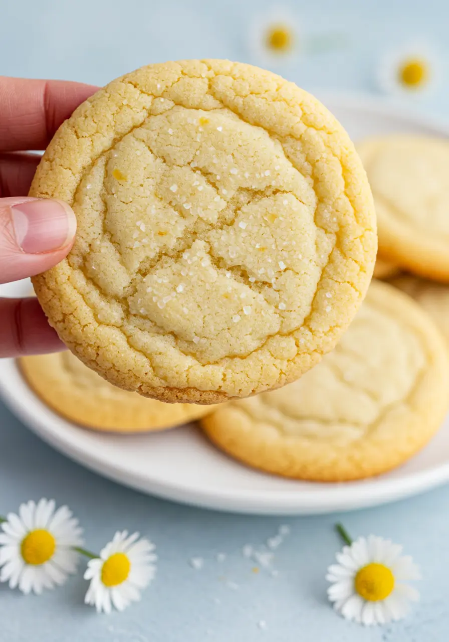 A hand is holding one lemon sugar cookie.