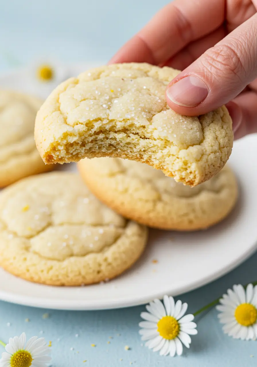 A hand is holding one lemon sugar cookie with a bite taken out of it.