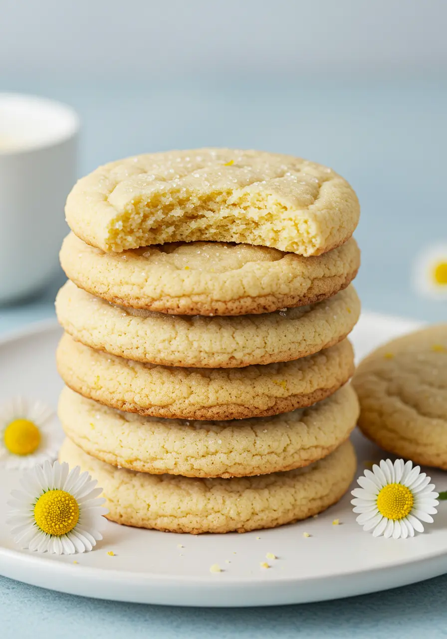 Stack of lemon sugar cookies on a white plate and some Marguerite's around the plate.