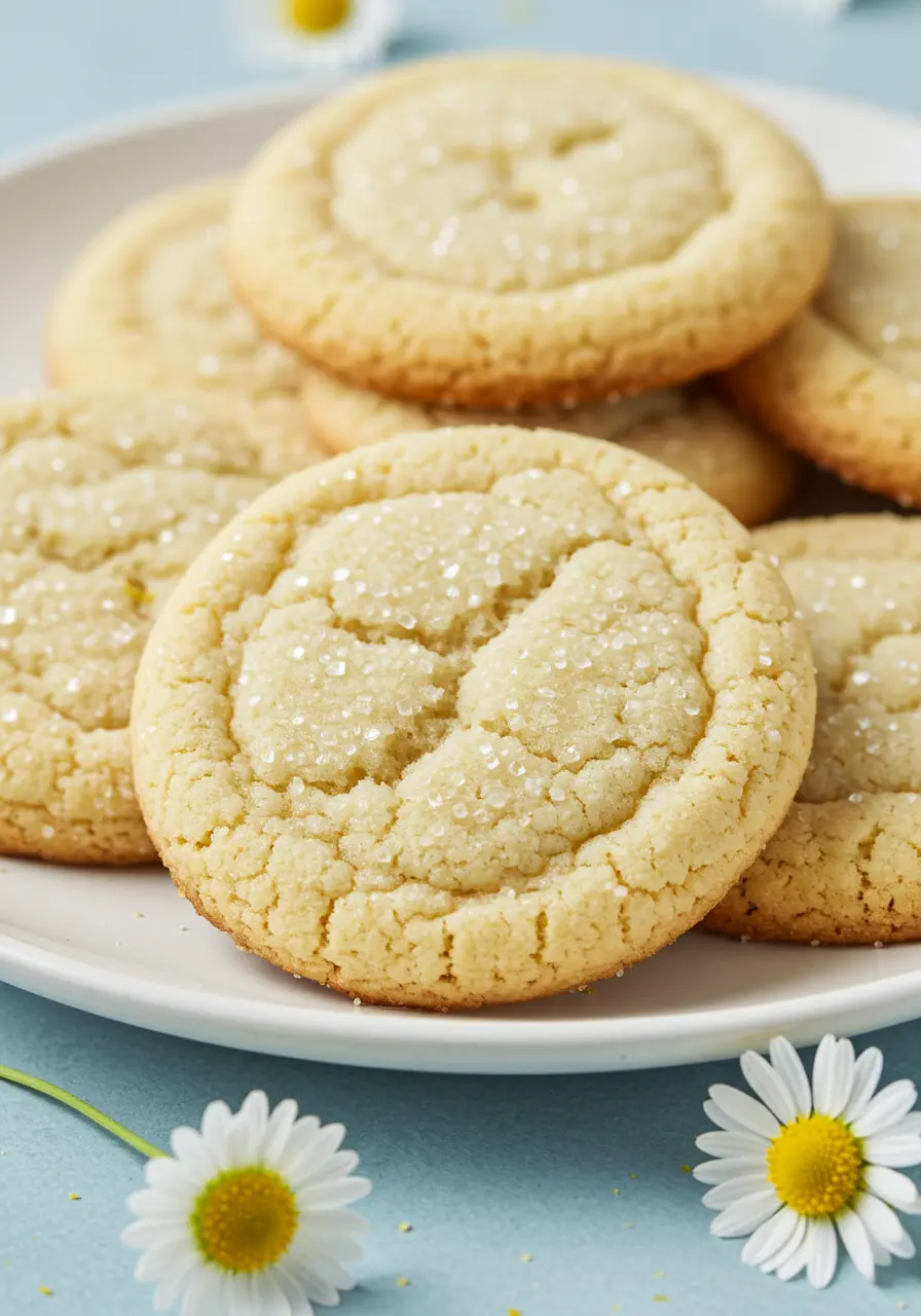 Lemon sugar cookies on a white plate and some Marguerite's around the plate.