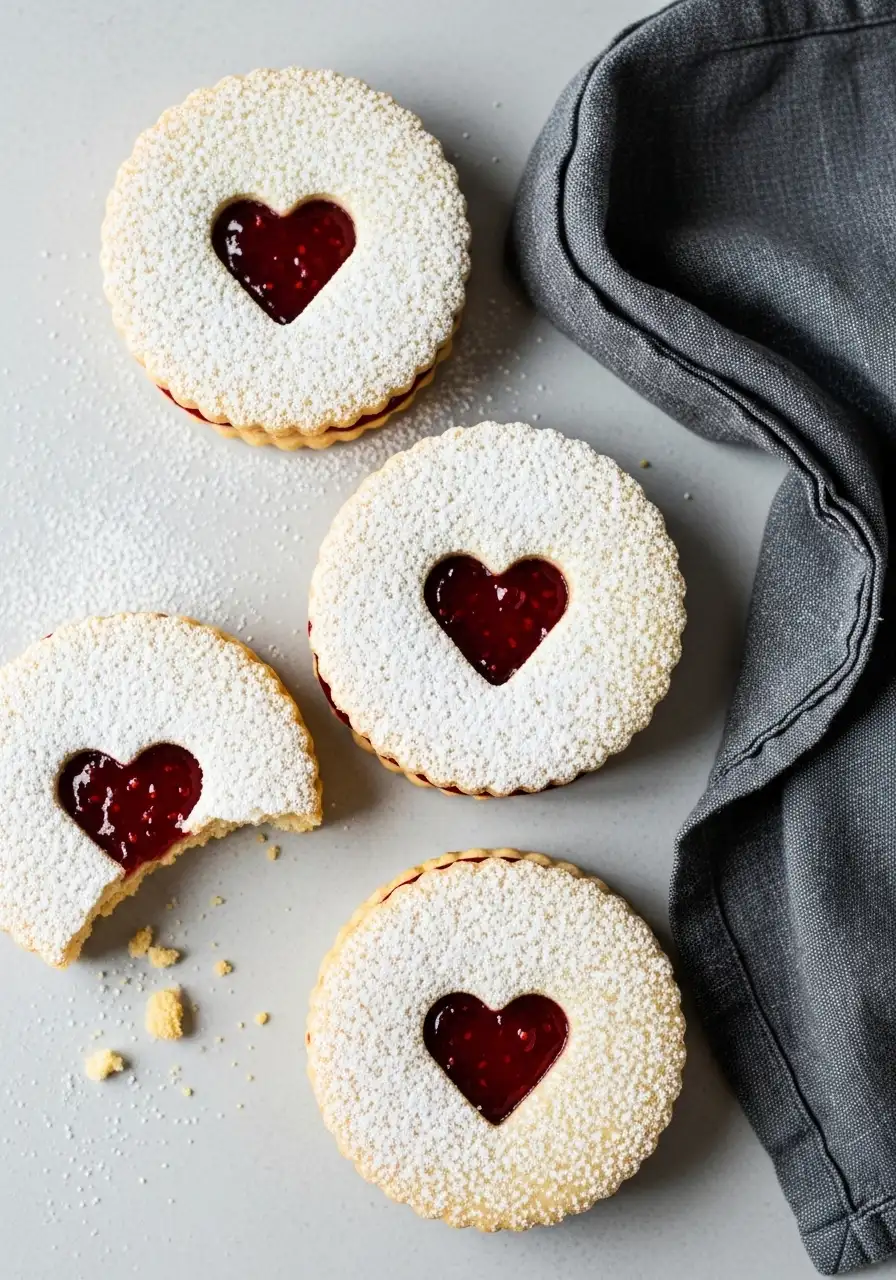 Linzer cookies and a light gray surface.