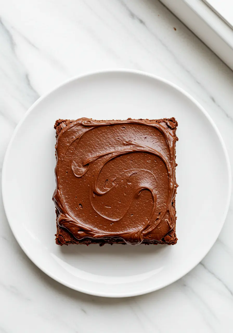 Lunch lady brownie on a white plate against a white marble surface.