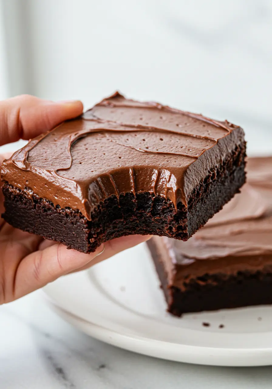 Lunch lady brownies on a white plate and a hand holding one with a bite taken out of it.