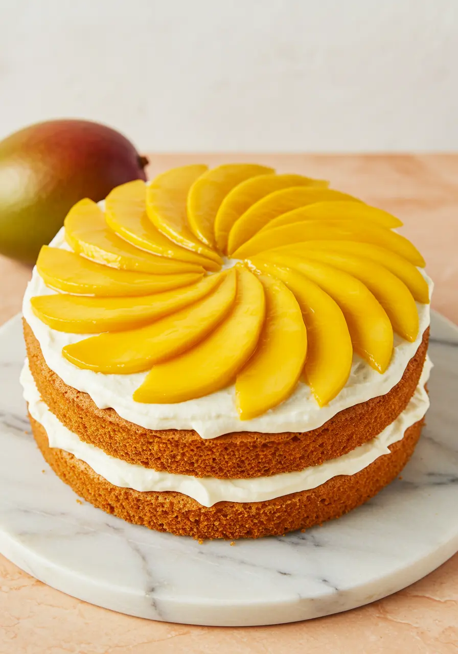 Mango cake is placed on a white marble plate against a light orange surface.
