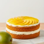 A mango cake is placed on a white marble plate on a light orange surface, with one mango beside it.