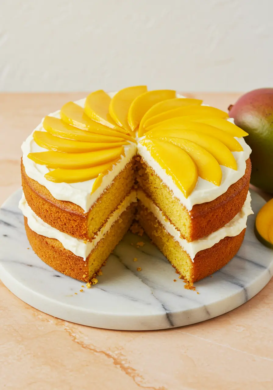 Mango cake placed on a white marble plate with a slice missing from it.