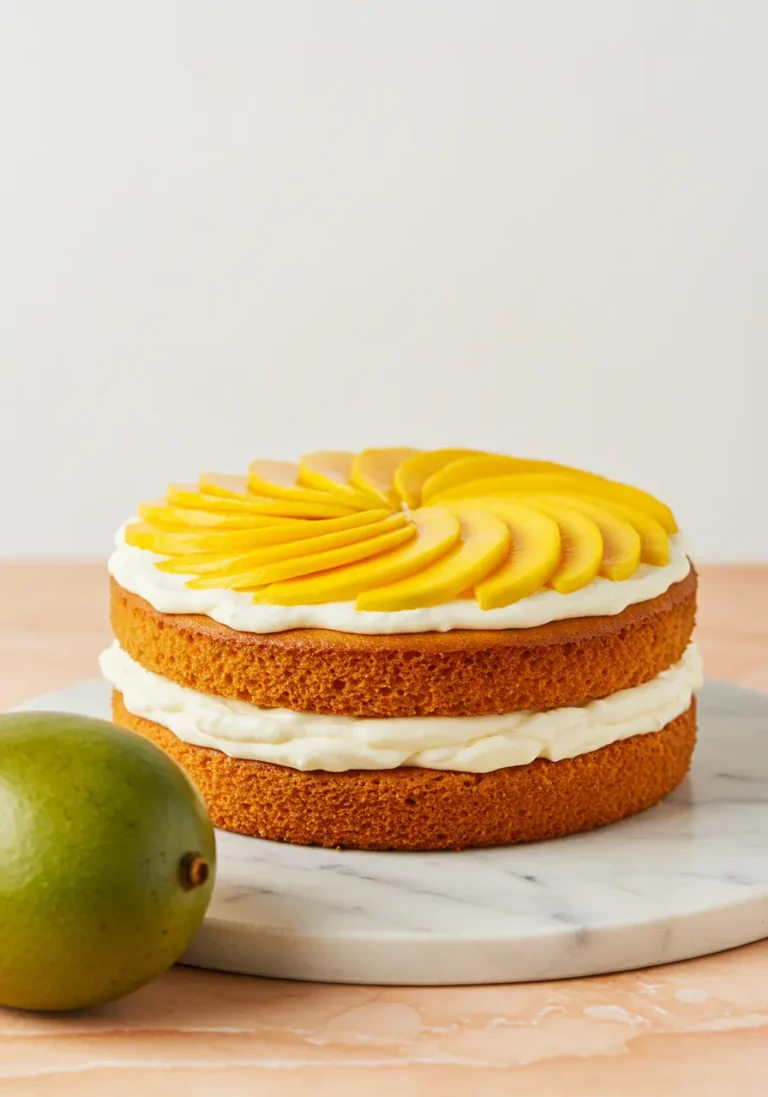 A mango cake is placed on a white marble plate on a light orange surface, with one mango beside it.