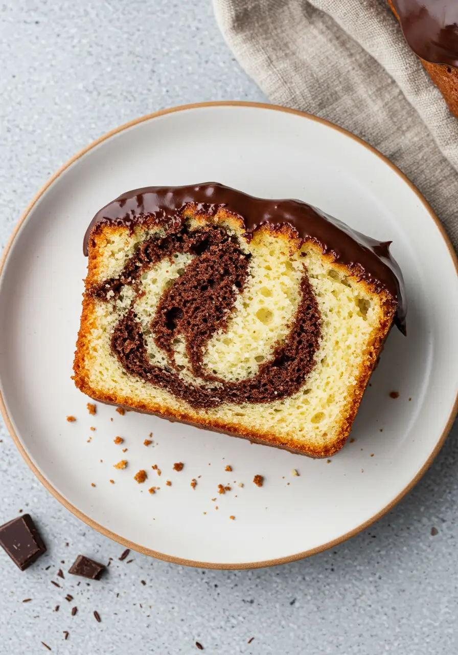 A slice of a marble cake on a white plate.