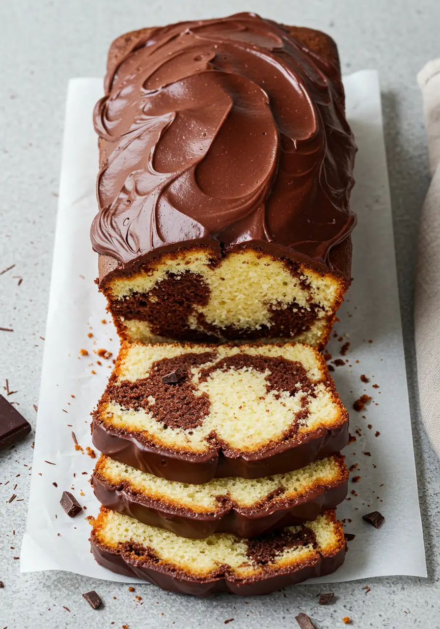 Marble cake on parchment paper and some slices cut from it.