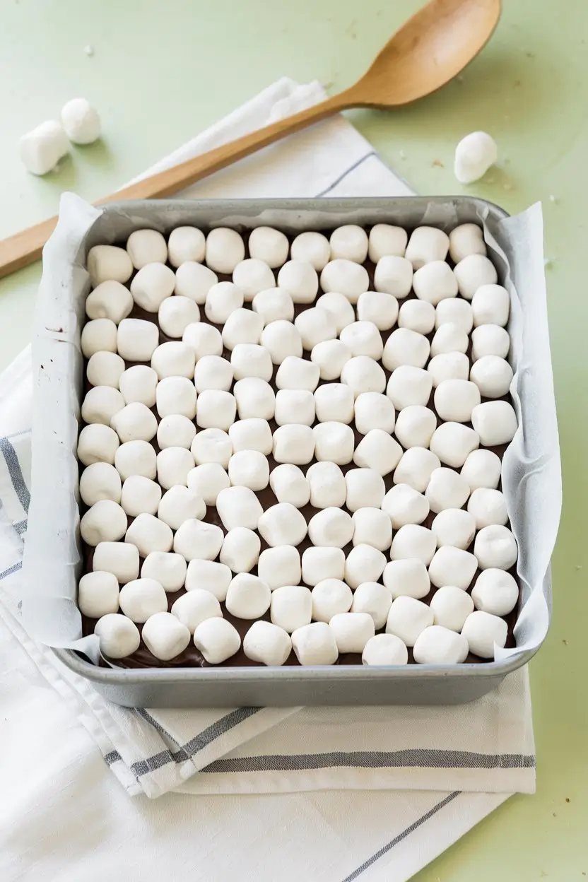 Marshmallows on a hot brownie batter against a light green surface