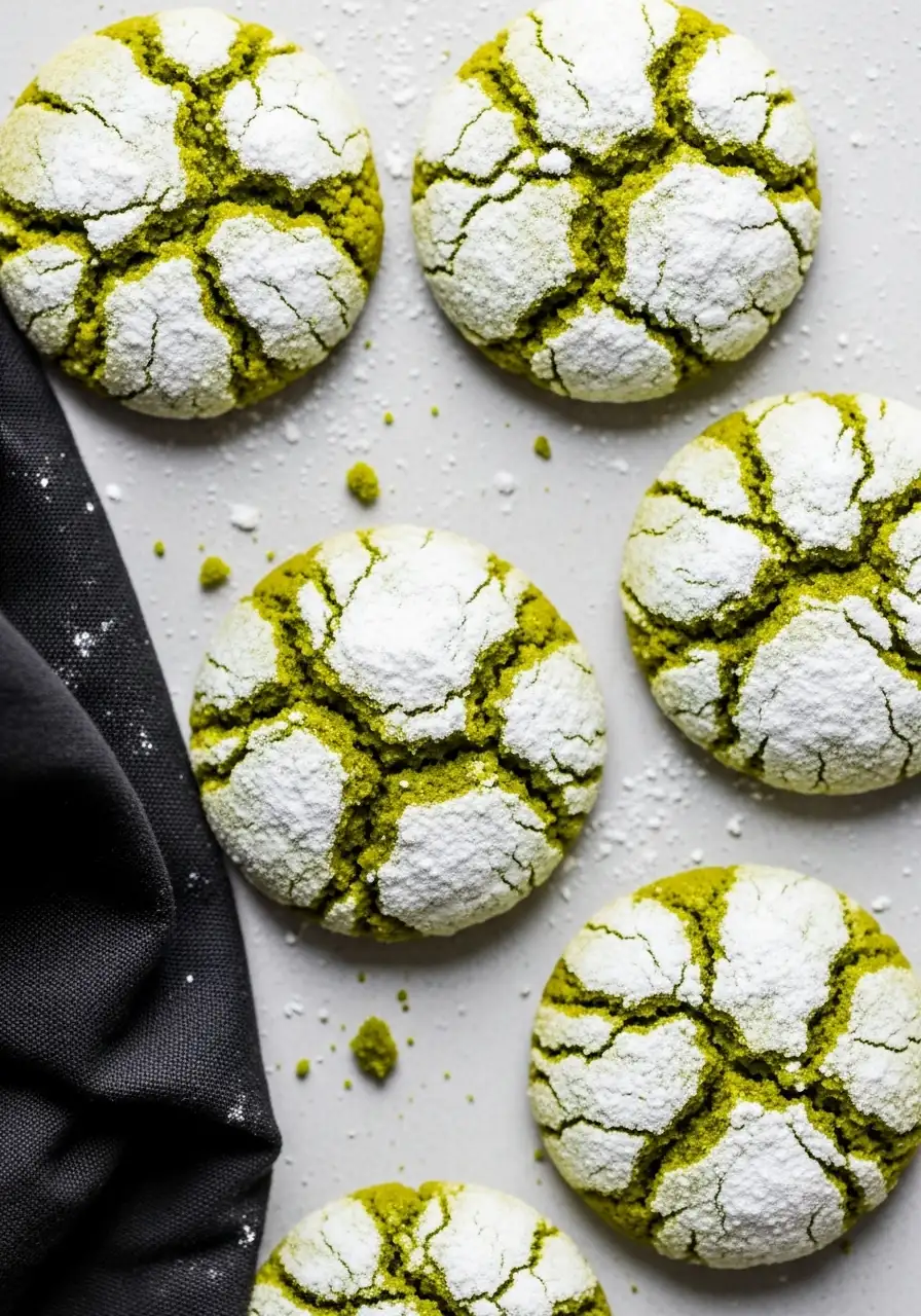 Matcha crinkle cookies and a black napkin beside.