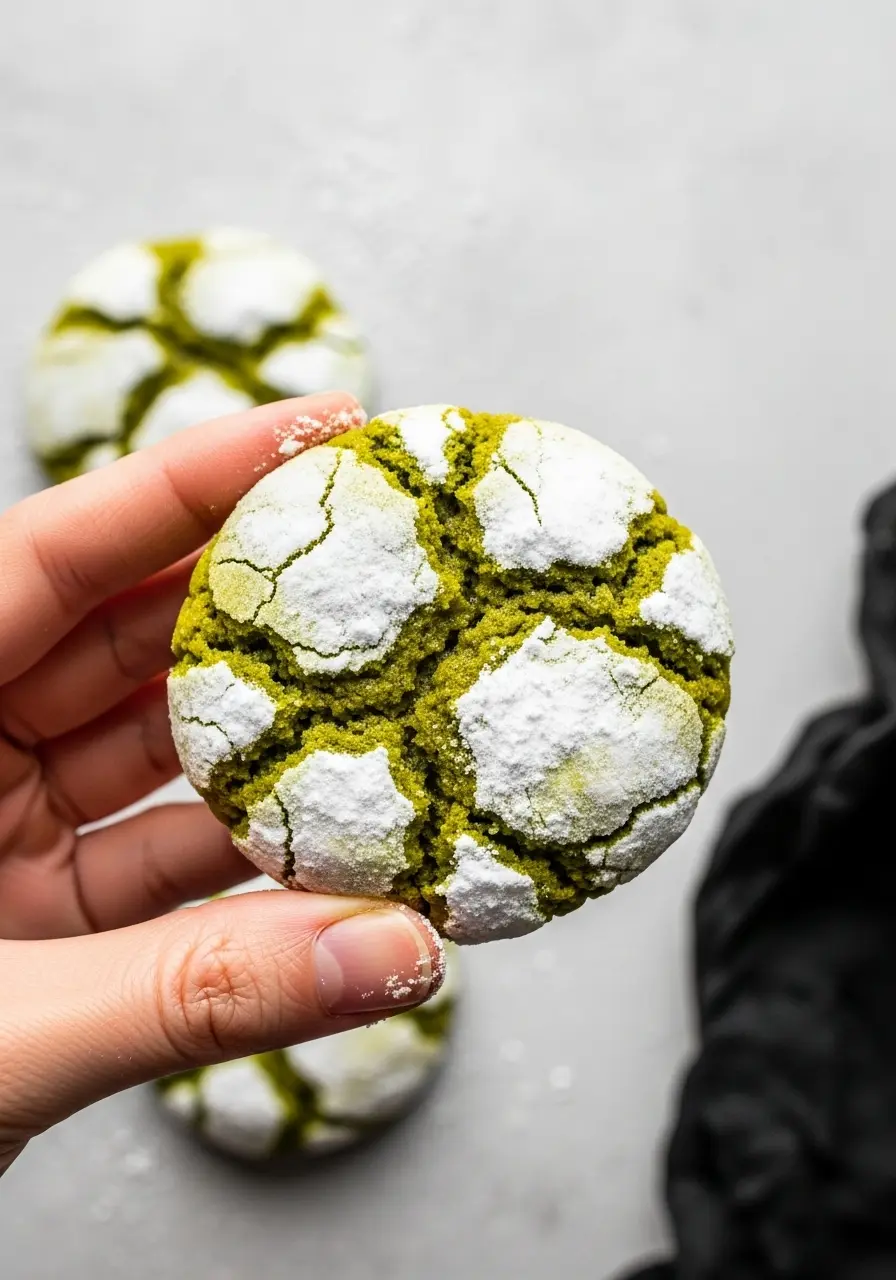 A hand holding a matcha crinkle cookie.