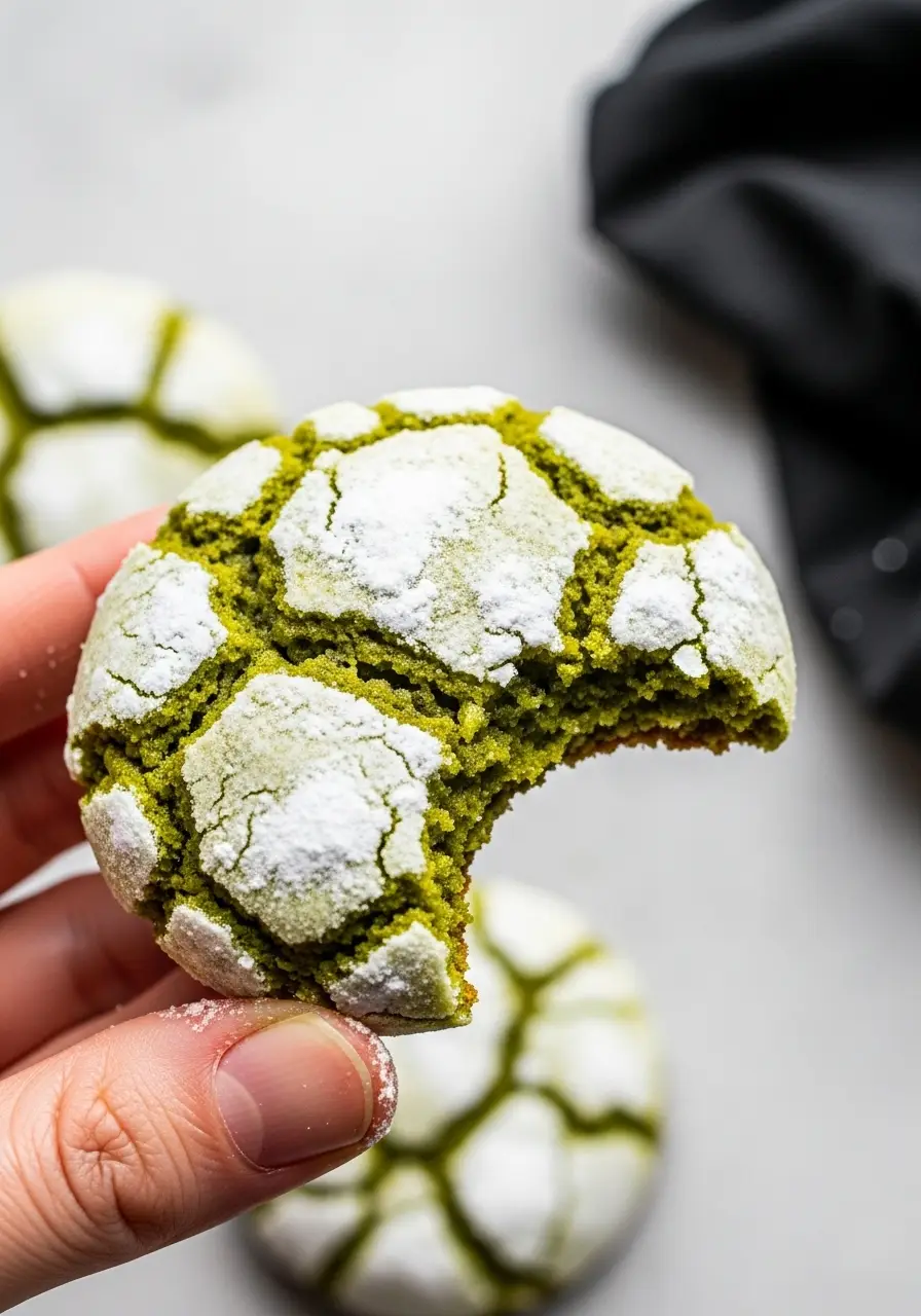 A hand holding a matcha crinkle cookie with a bite taken out of it.