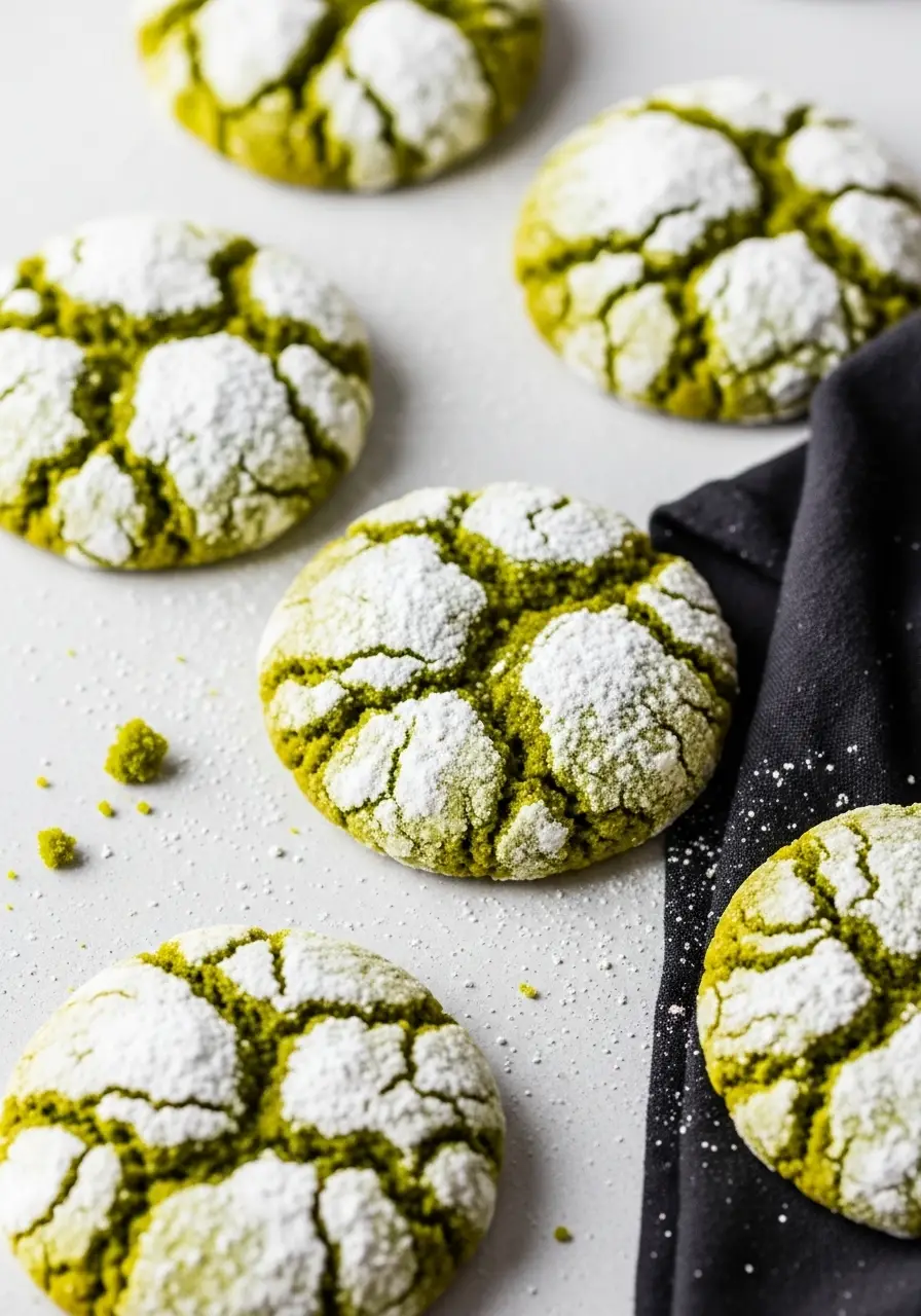 Matcha crinkle cookies on a light gray surface.