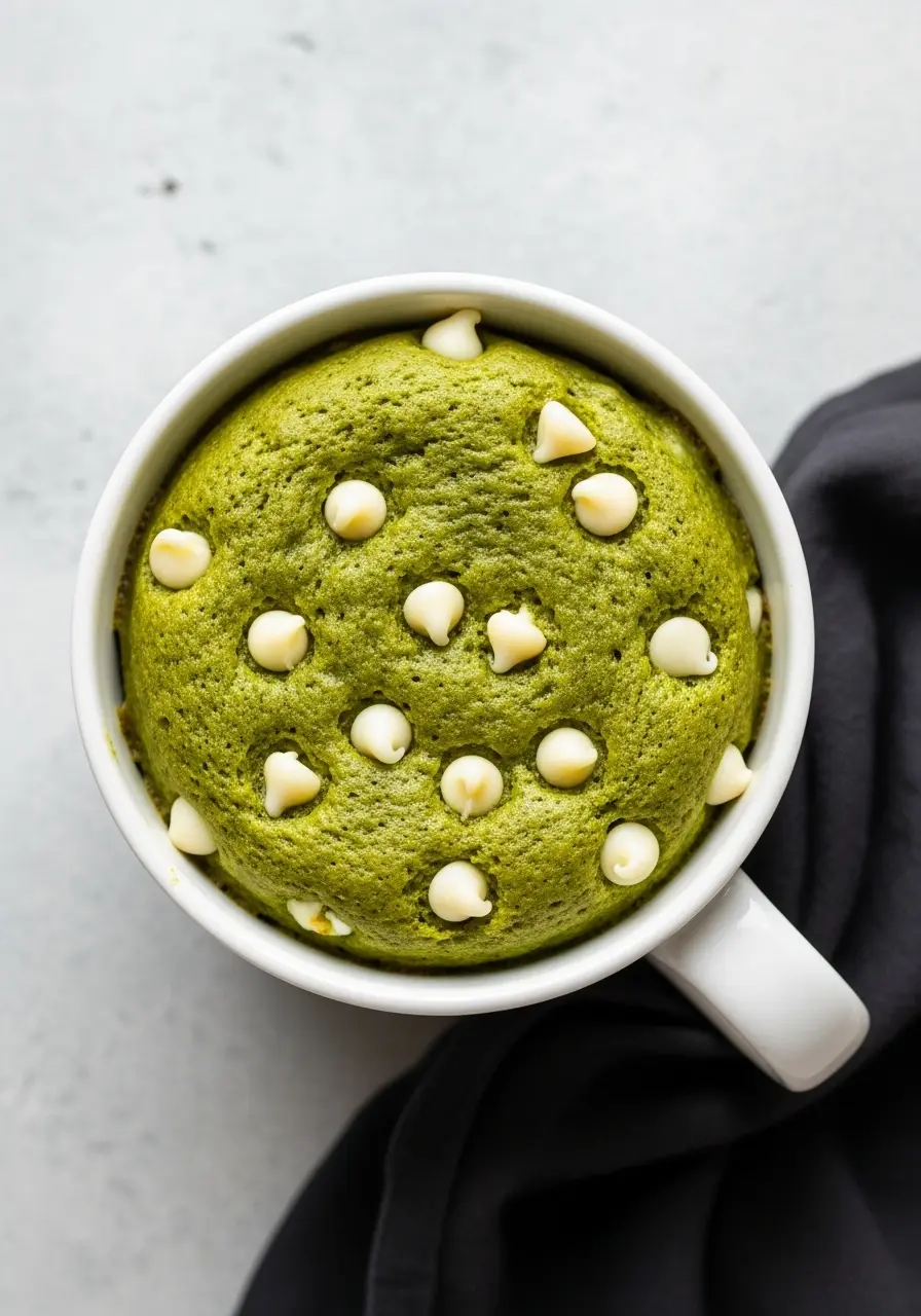 Matcha mug cake on a light gray surface.
