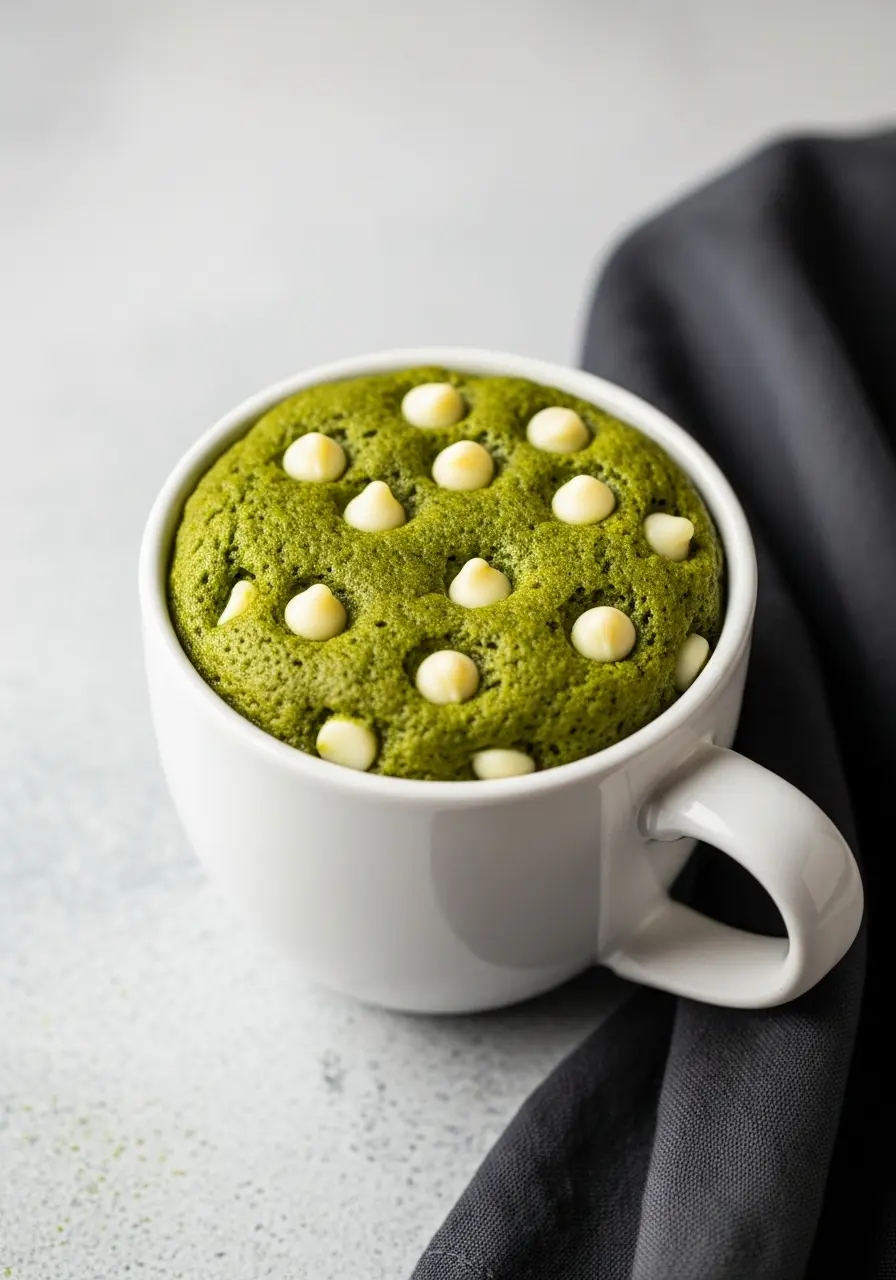 Matcha mug cake on a light gray surface and a black napkin beside it.