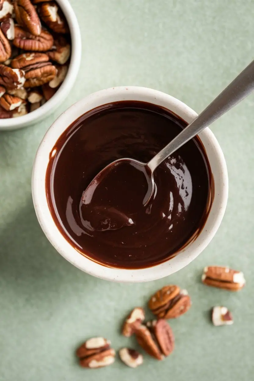 Bowl filled with melted chocolate chips with spoon on it.
