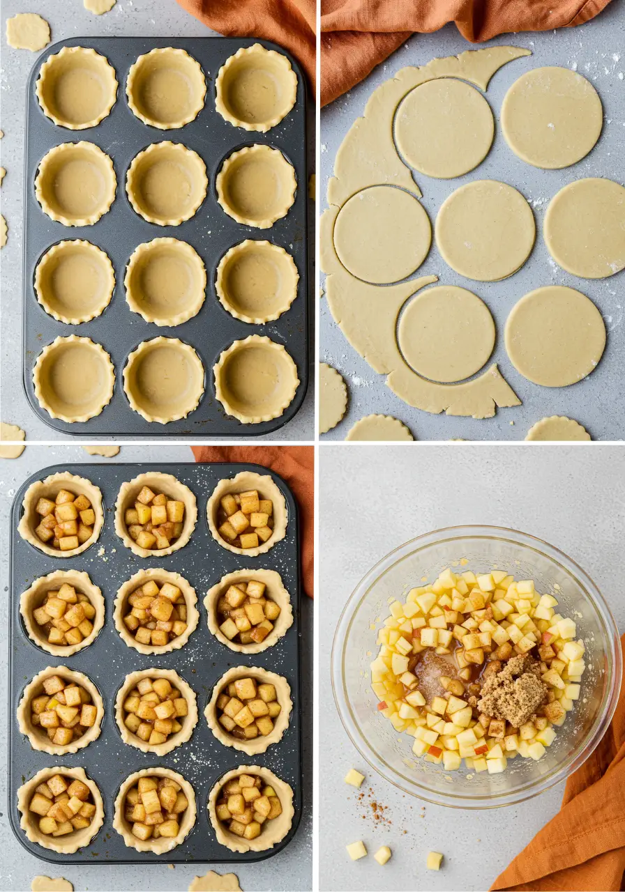 The process of making mini apple pies.