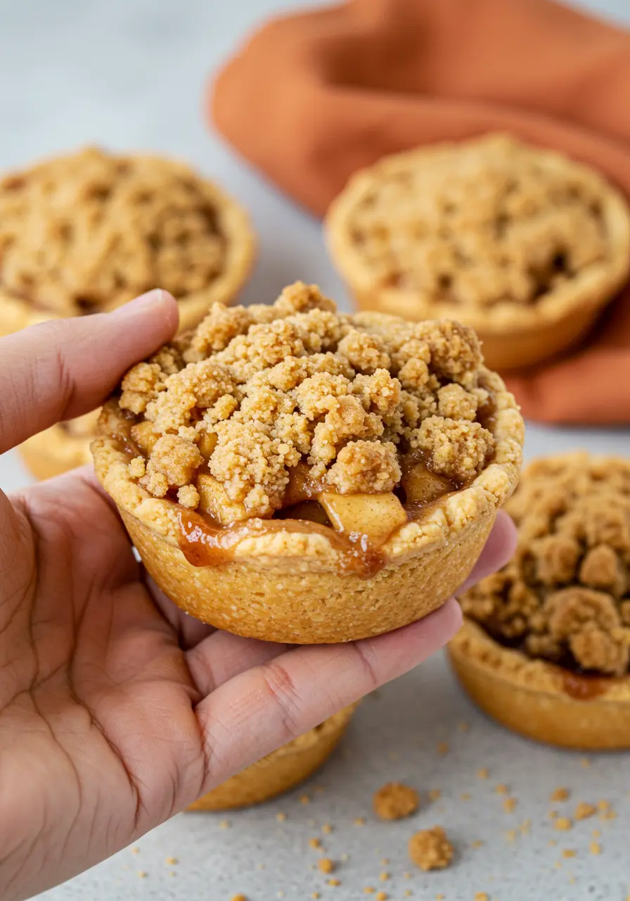 A hand holding a mini apple pie.