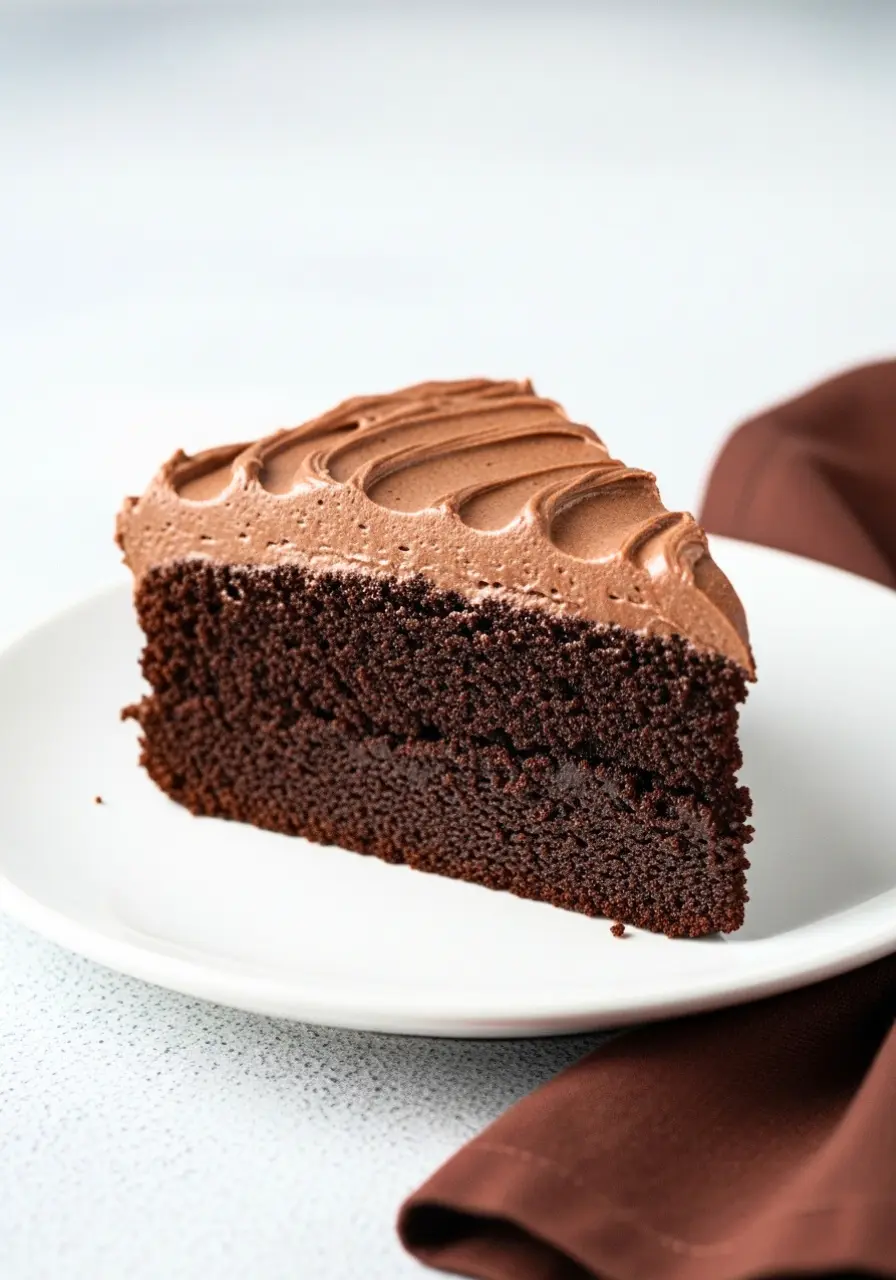 A slice of mini chocolate cake on a white plate.