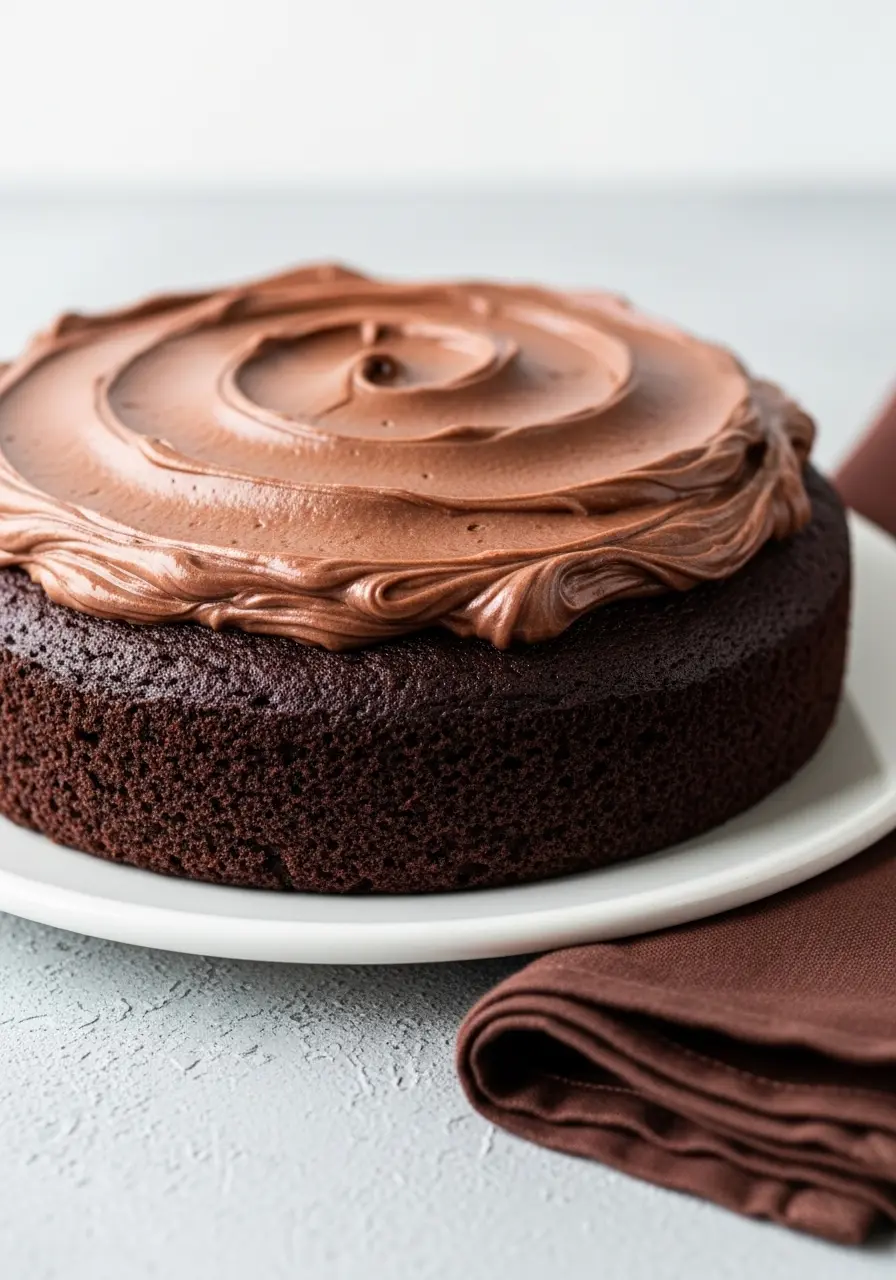 Mini chocolate cake on a white plate and a brown napkin next to it.