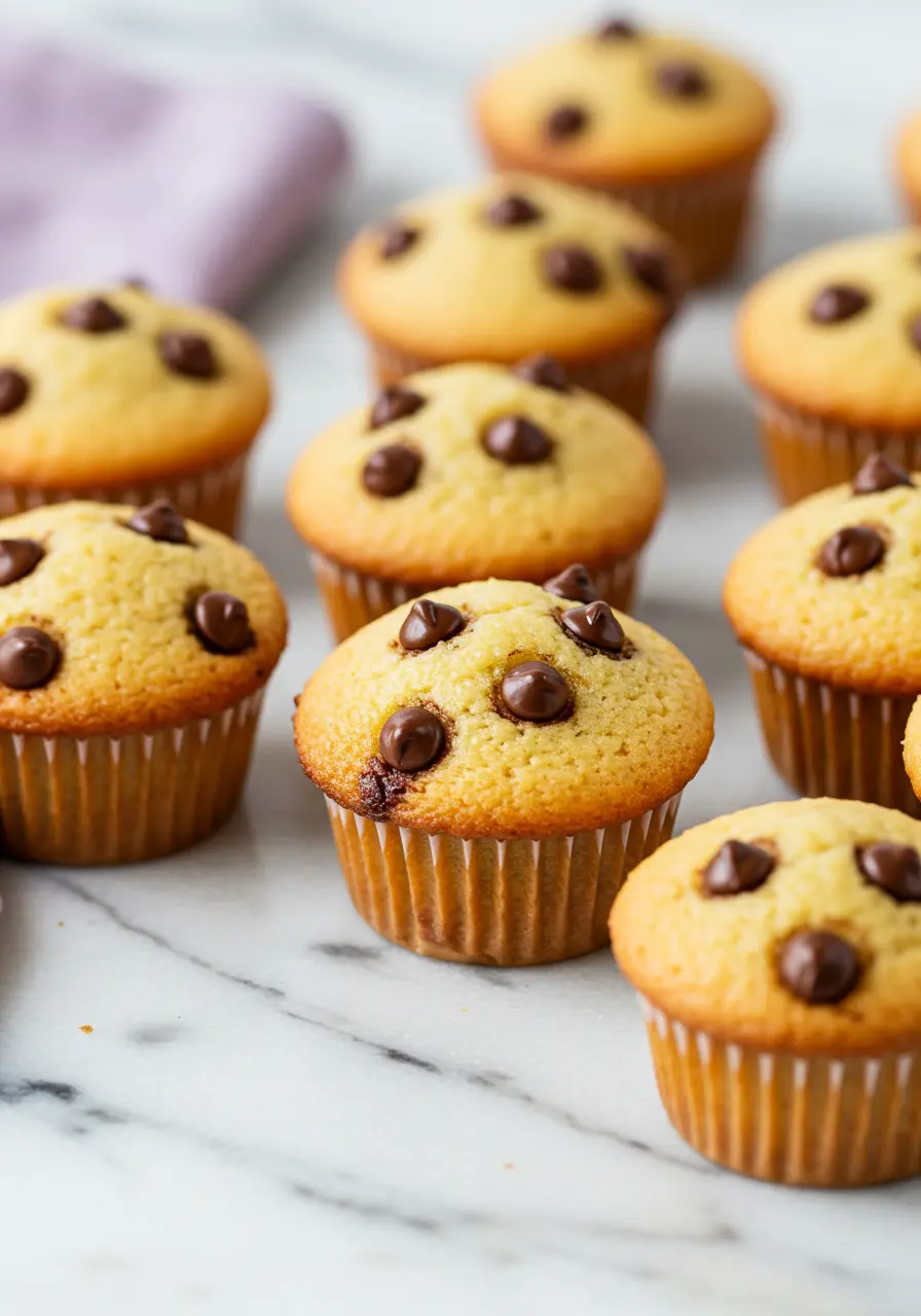Mini chocolate chip muffins on a white marble surface.