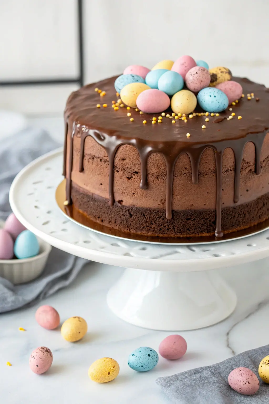 Mini Egg Chocolate Drip Cake on a white cake stand