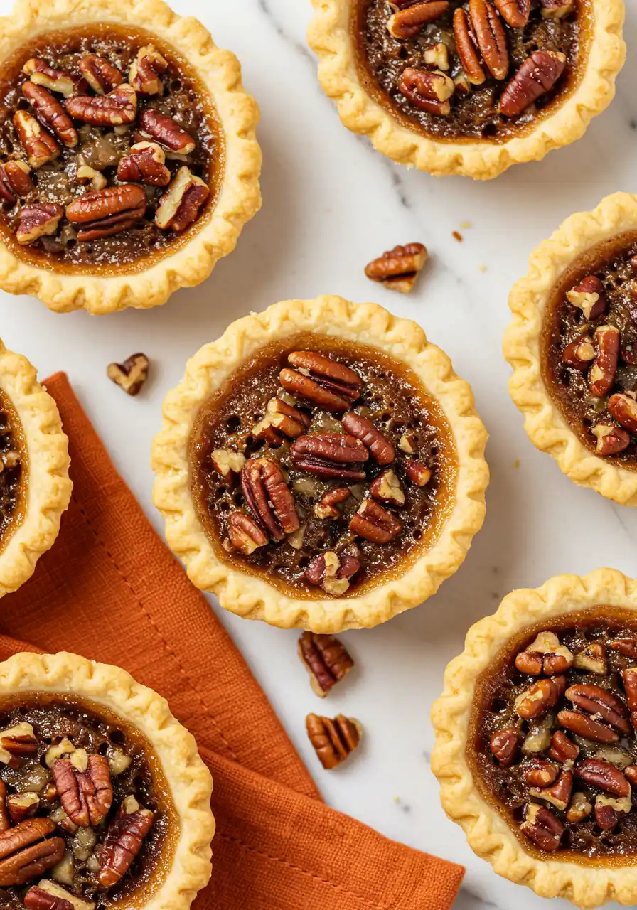 Mini pecan pies on a marble surface and an orange napkin next to it.