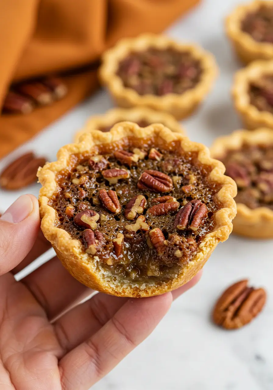 A hand holding a mini pecan pie.