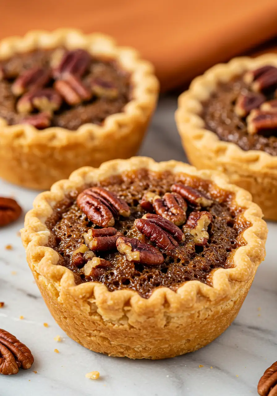 Mini pecan pies on a white marble surface.
