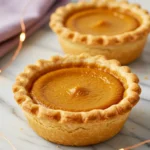 Mini pumpkin pies on a white marble surface.