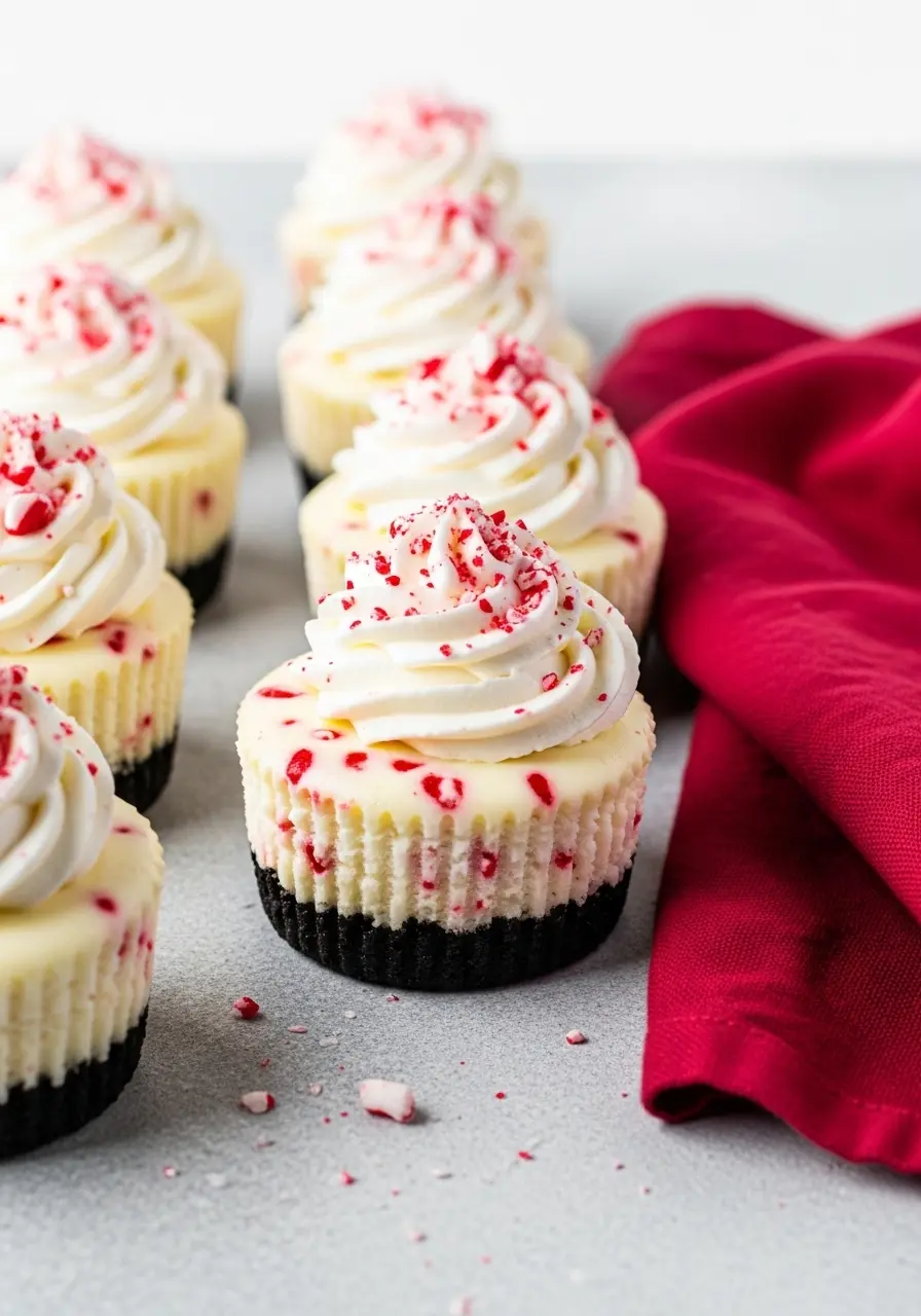 Mini peppermint cheesecakes on a gray surface.