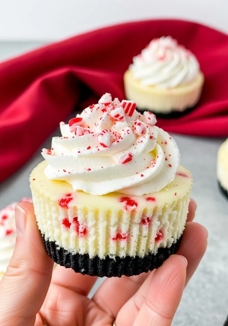 A hand holding a mini peppermint cheesecake.