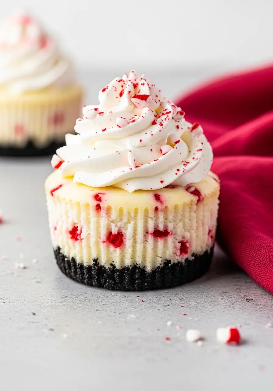 Mini peppermint cheesecakes on a gray surface and a red napkin beside.