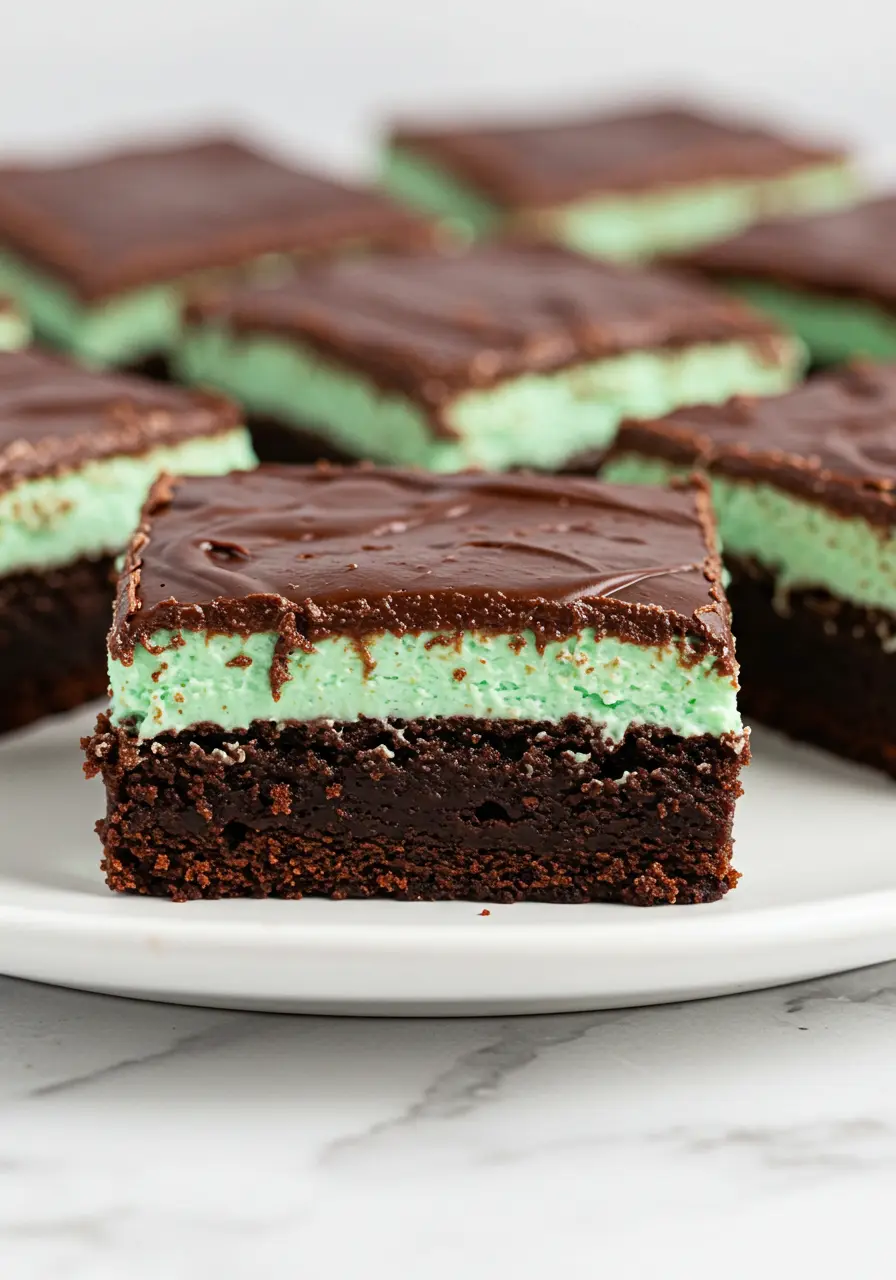 Mint brownies on a white plate.