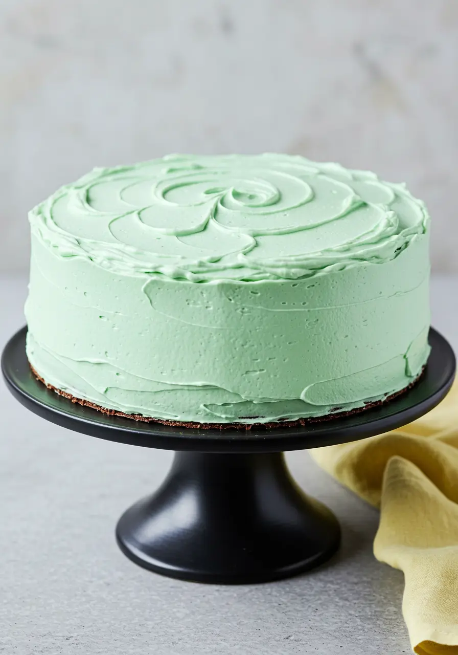 Mint chocolate cake on a black cake stand.