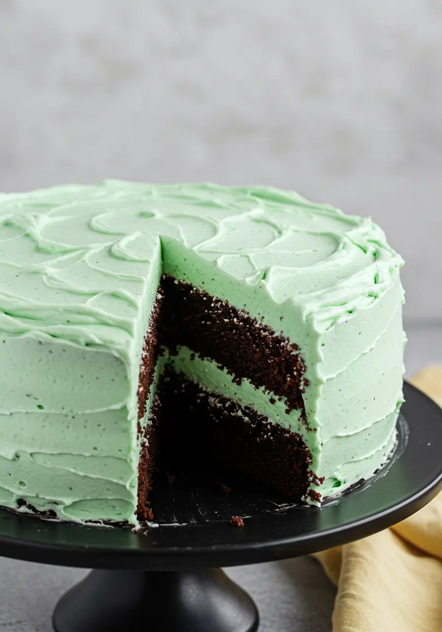 Mint chocolate cake with a slice missing on a black cake stand.